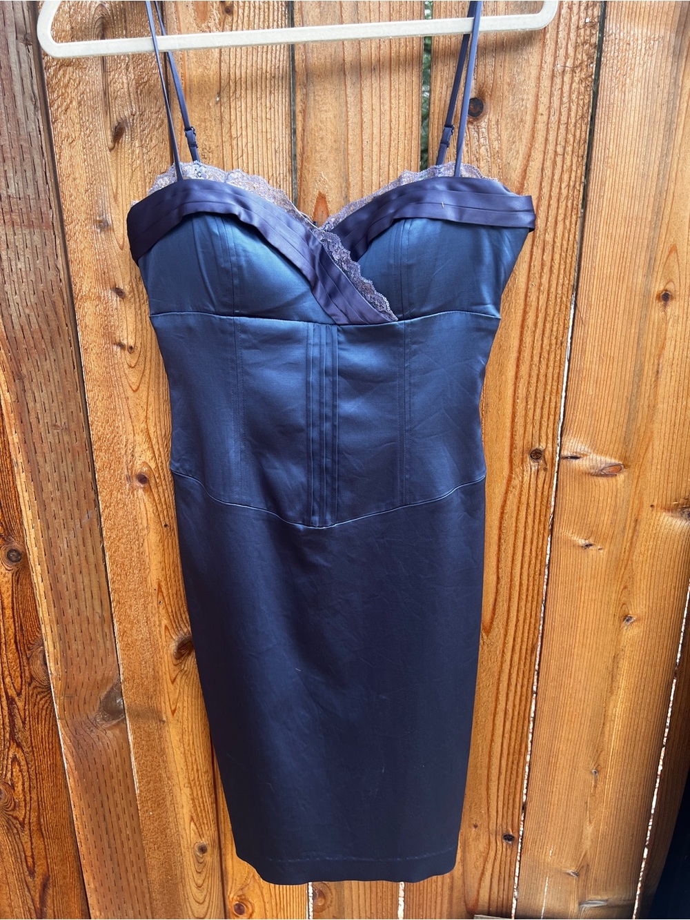 Navy Satin Slip Dress with Lace Trim